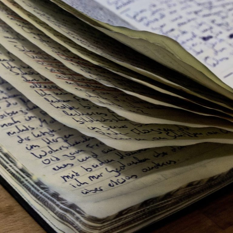 Aufgeschlagene Notizbuchseiten mit handschriftlichem Text und leicht gewellten Blättern.