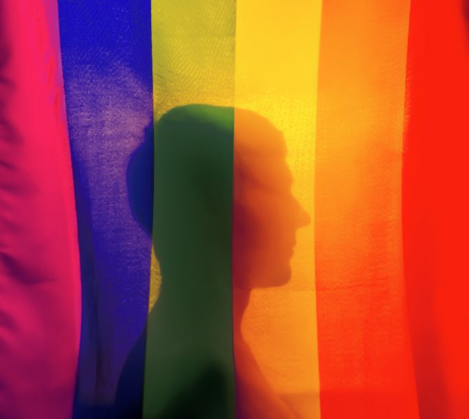 Silhouette eines Kopfes hinter einer Regenbogenflagge.